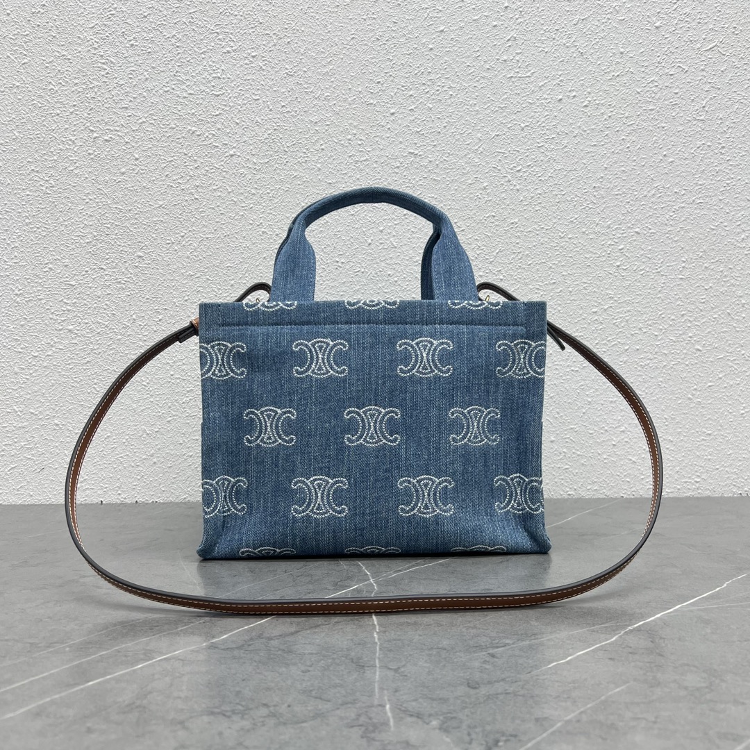 Celine Small Cabas Thais In Denim With Triomphe All-Over Embroidery And Calfskin Navy/Tan 199162